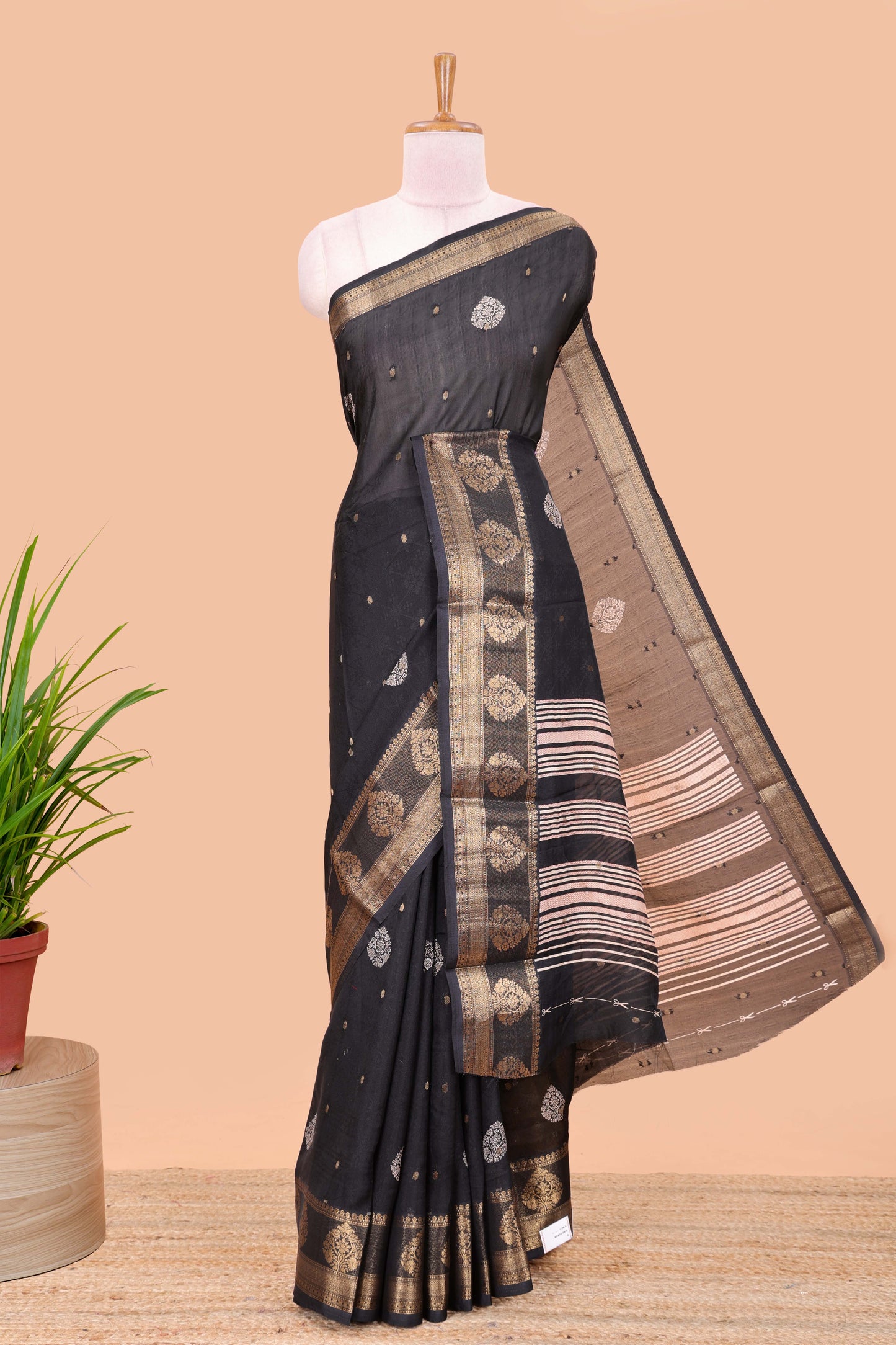 Black viscose dola silk self jacquard saree with print and zari butta, bentex zari border