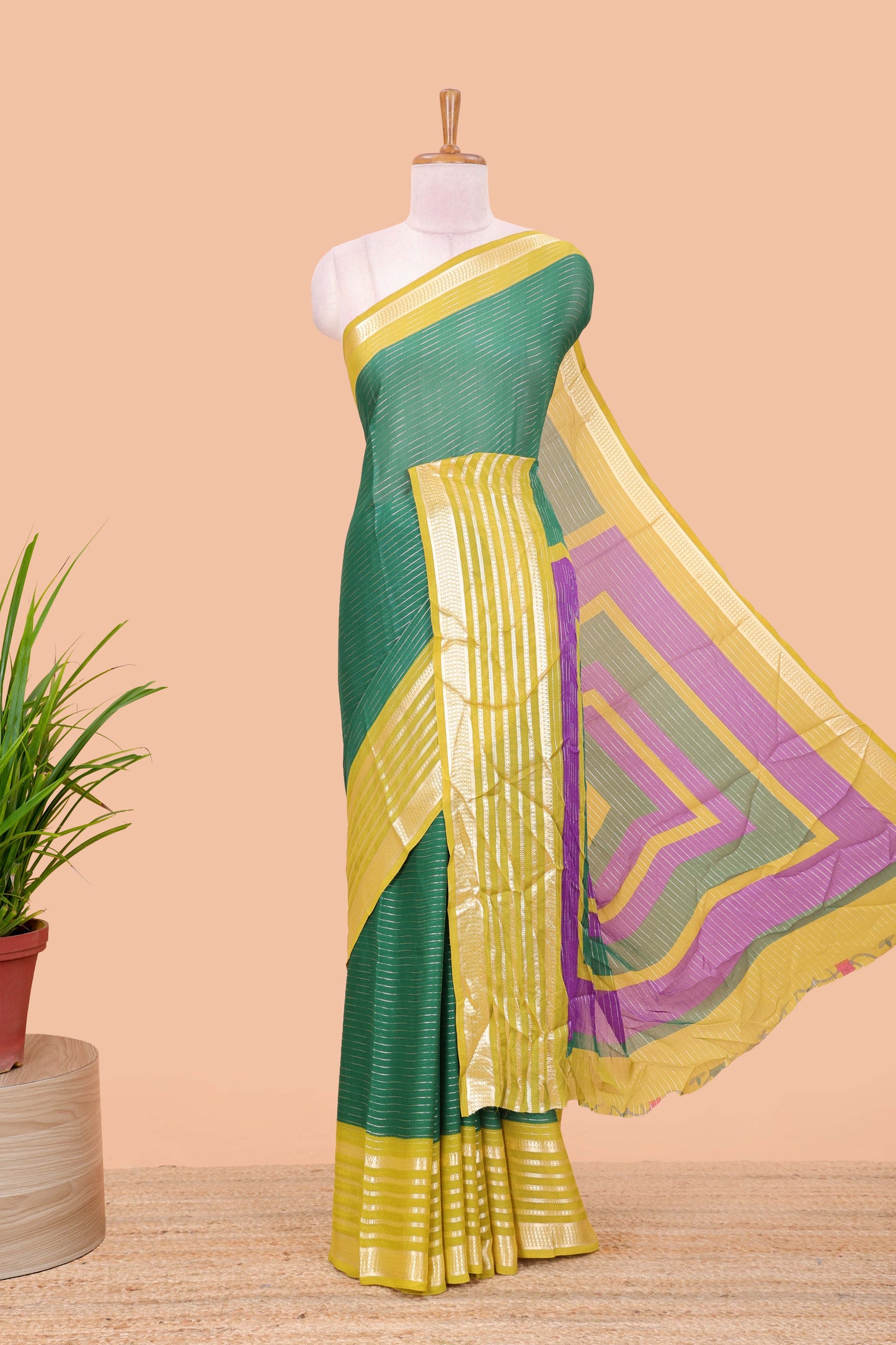Green moss chiffon saree with jari weaving, contrast border & printed blouse