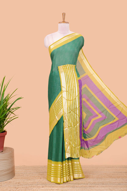 Green moss chiffon saree with jari weaving, contrast border & printed blouse