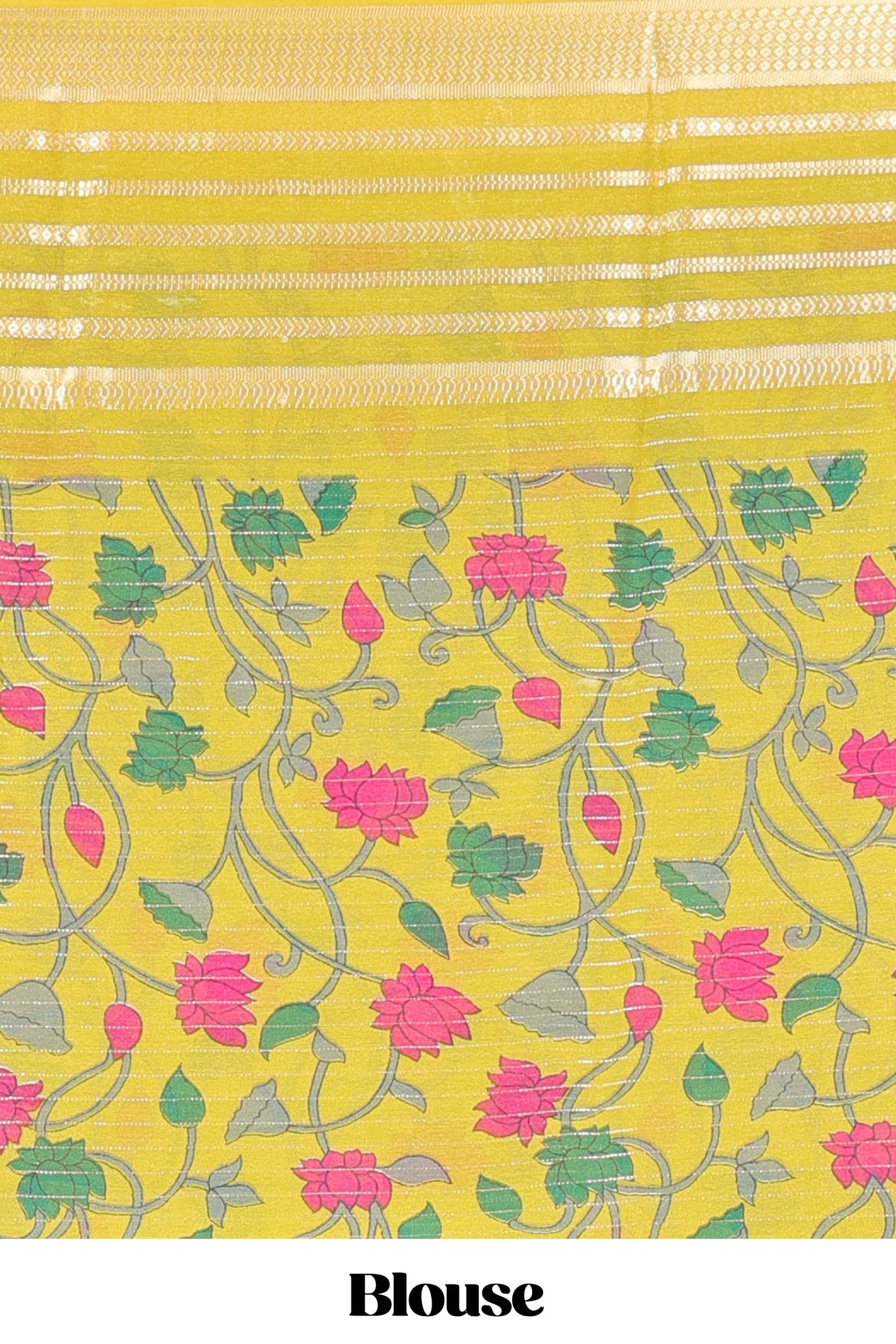 Green moss chiffon saree with jari weaving, contrast border & printed blouse