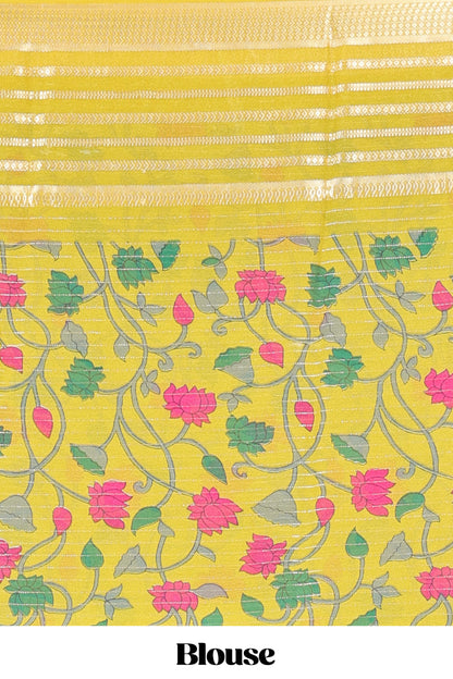 Green moss chiffon saree with jari weaving, contrast border & printed blouse