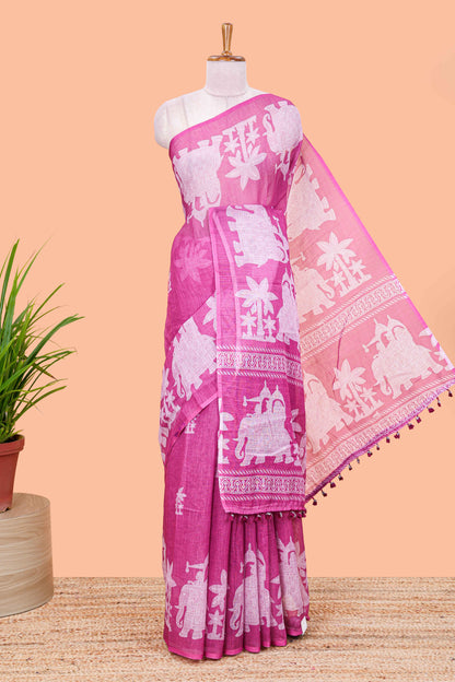 Purple linen cotton palm tree and elephant print saree with self border and matching printed blouse