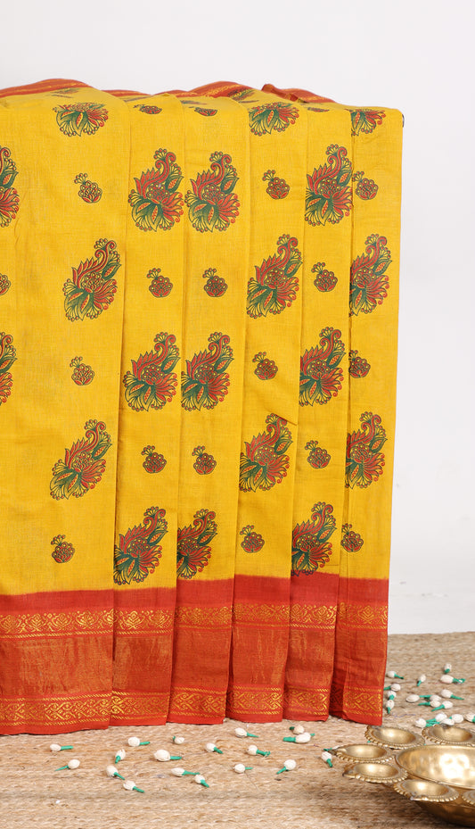 Mustard floral butta sungudi cotton saree with contrast zari border and striped pallu
