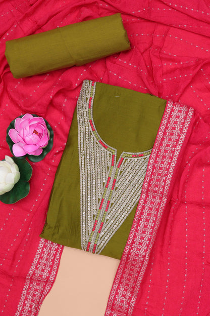 Green embroidered cotton silk chudidhar material with sequin work and contrast dupatta