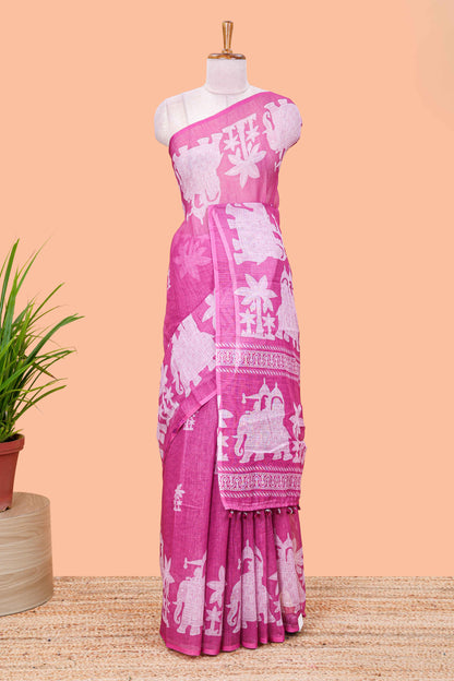 Purple linen cotton palm tree and elephant print saree with self border and matching printed blouse