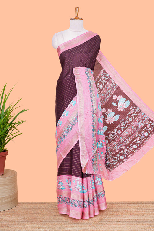 Maroon zari striped dola silk saree with contrast floral print bentex zari border and printed pallu