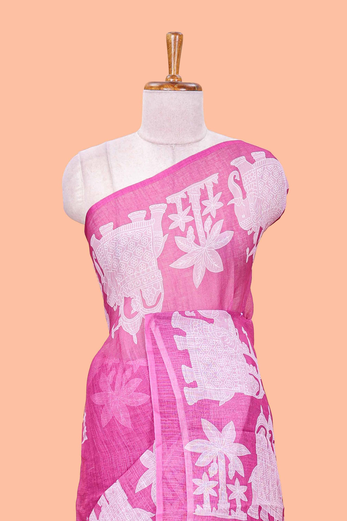 Purple linen cotton palm tree and elephant print saree with self border and matching printed blouse