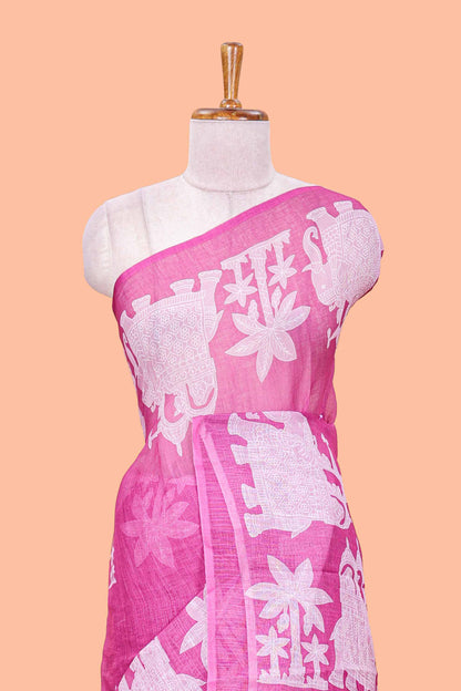 Purple linen cotton palm tree and elephant print saree with self border and matching printed blouse