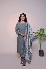 Grey plain 3/4 slevee salwar suit with matching pant and floral printed dupatta