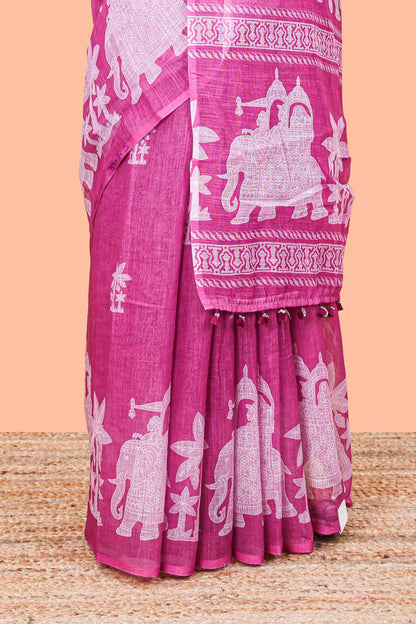 Purple linen cotton palm tree and elephant print saree with self border and matching printed blouse