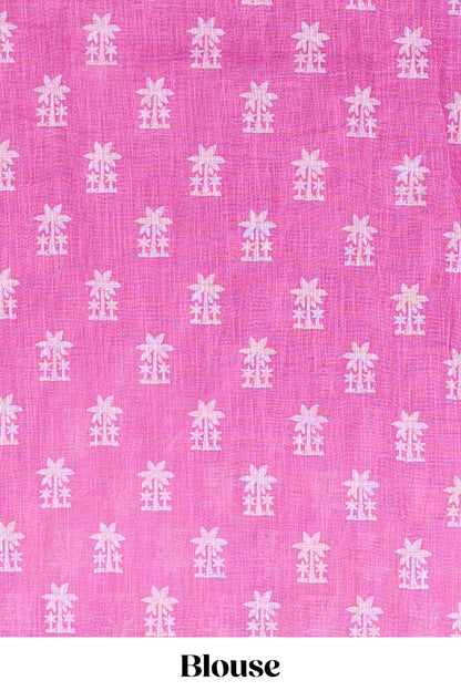 Purple linen cotton palm tree and elephant print saree with self border and matching printed blouse