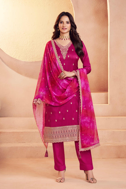 Pink moga silk embroidery chudidhar material with chiffon dupatta