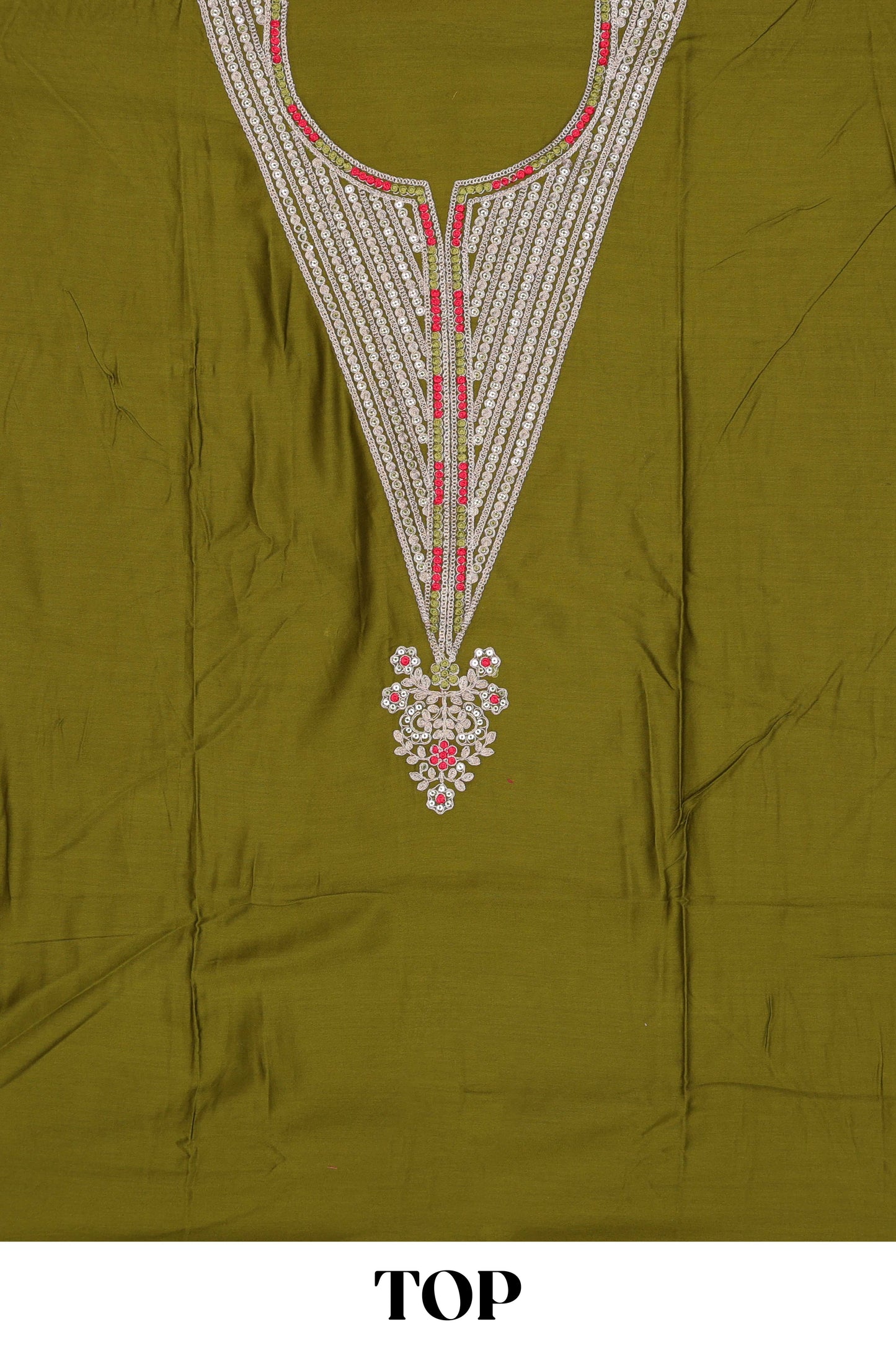 Green embroidered cotton silk chudidhar material with sequin work and contrast dupatta