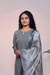 Grey plain 3/4 slevee salwar suit with matching pant and floral printed dupatta