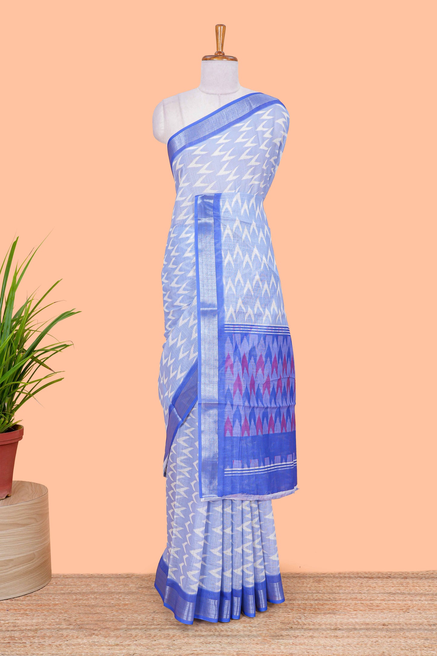 Blue Ikkat style linen cotton saree with contrast border and pallu