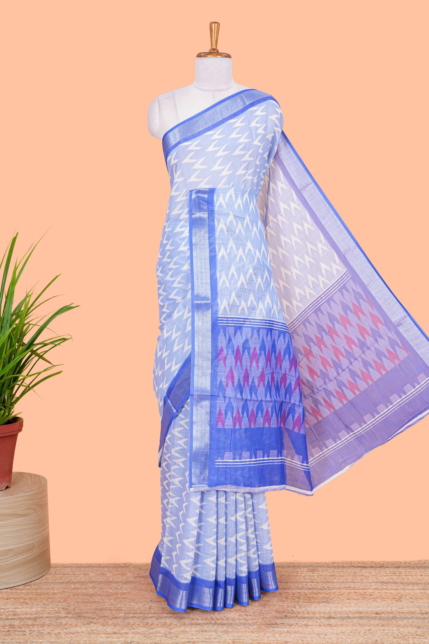 Blue Ikkat style linen cotton saree with contrast border and pallu