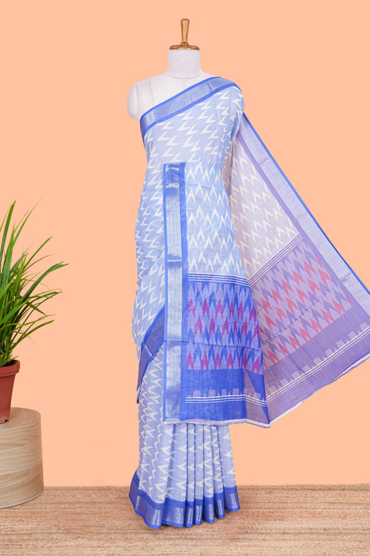 Blue Ikkat style linen cotton saree with contrast border and pallu