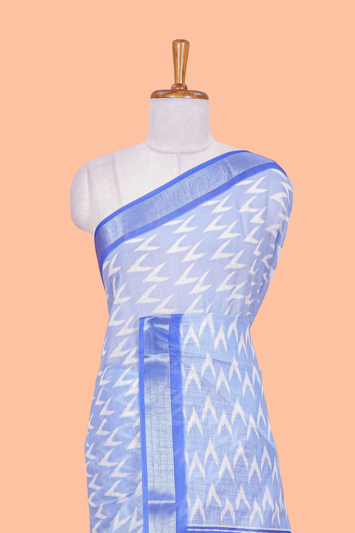 Blue Ikkat style linen cotton saree with contrast border and pallu