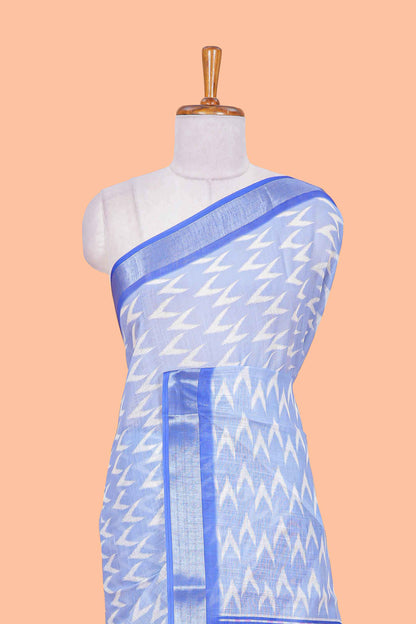 Blue Ikkat style linen cotton saree with contrast border and pallu
