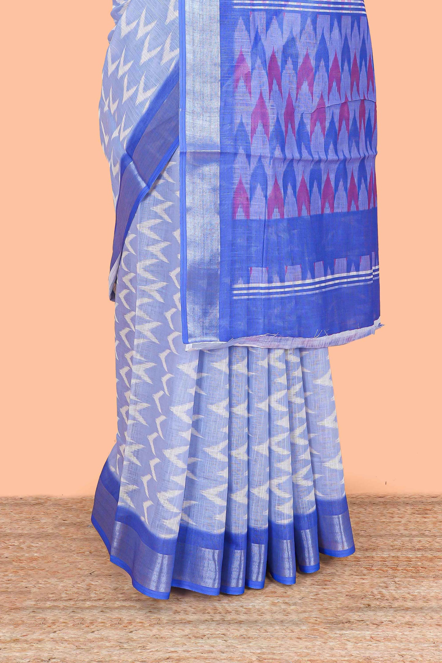 Blue Ikkat style linen cotton saree with contrast border and pallu