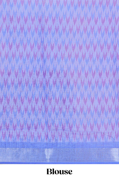 Blue Ikkat style linen cotton saree with contrast border and pallu