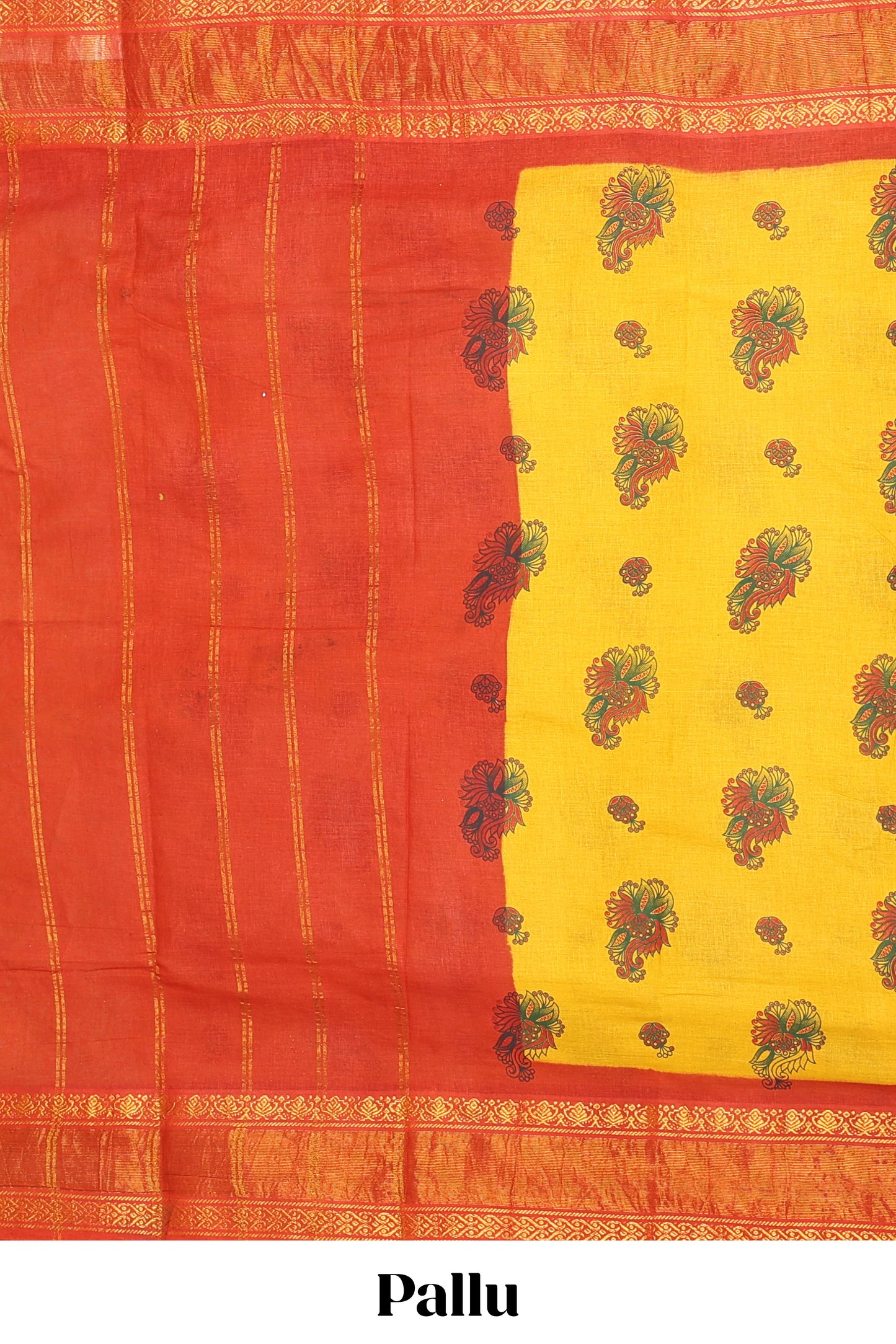 Mustard floral butta sungudi cotton saree with contrast zari border and striped pallu
