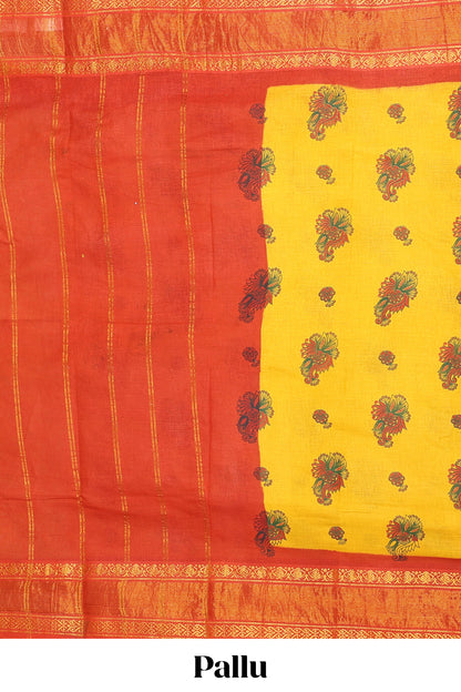 Mustard floral butta sungudi cotton saree with contrast zari border and striped pallu