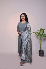 Grey plain 3/4 slevee salwar suit with matching pant and floral printed dupatta