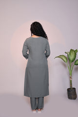 Grey plain 3/4 slevee salwar suit with matching pant and floral printed dupatta