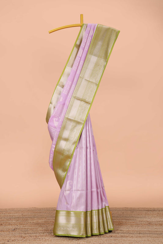 Lavender semi soft silk banarasi style saree with gold zari stripes and contrast border