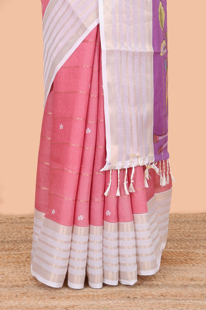 Pink zari striped moss chiffon saree with floral butta, contrast border and pallu
