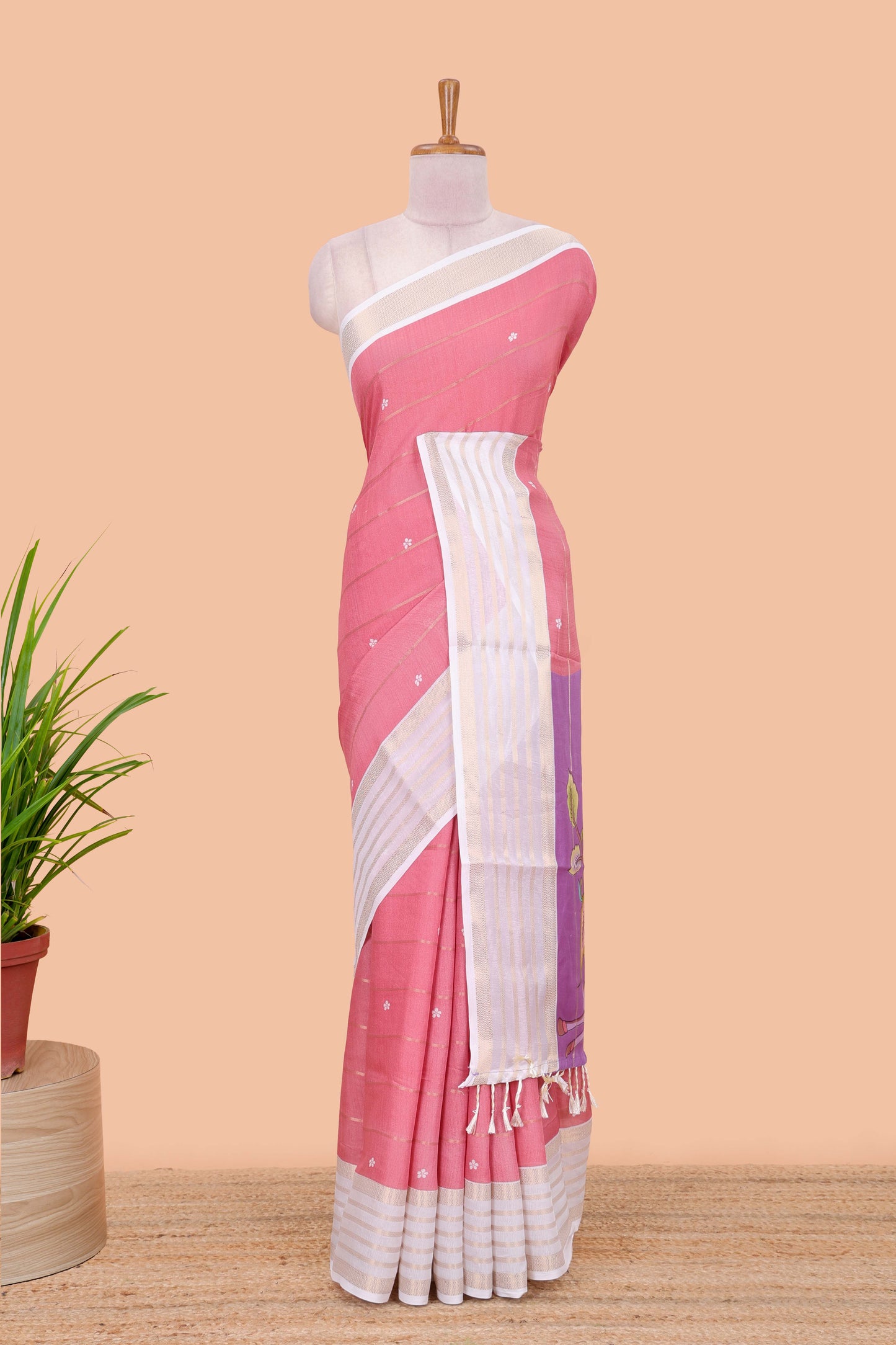 Pink zari striped moss chiffon saree with floral butta, contrast border and pallu