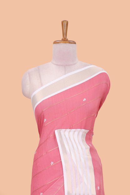 Pink zari striped moss chiffon saree with floral butta, contrast border and pallu