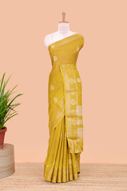 Mustard viscose dola silk self jacquard saree with print and zari butta, bentex zari border