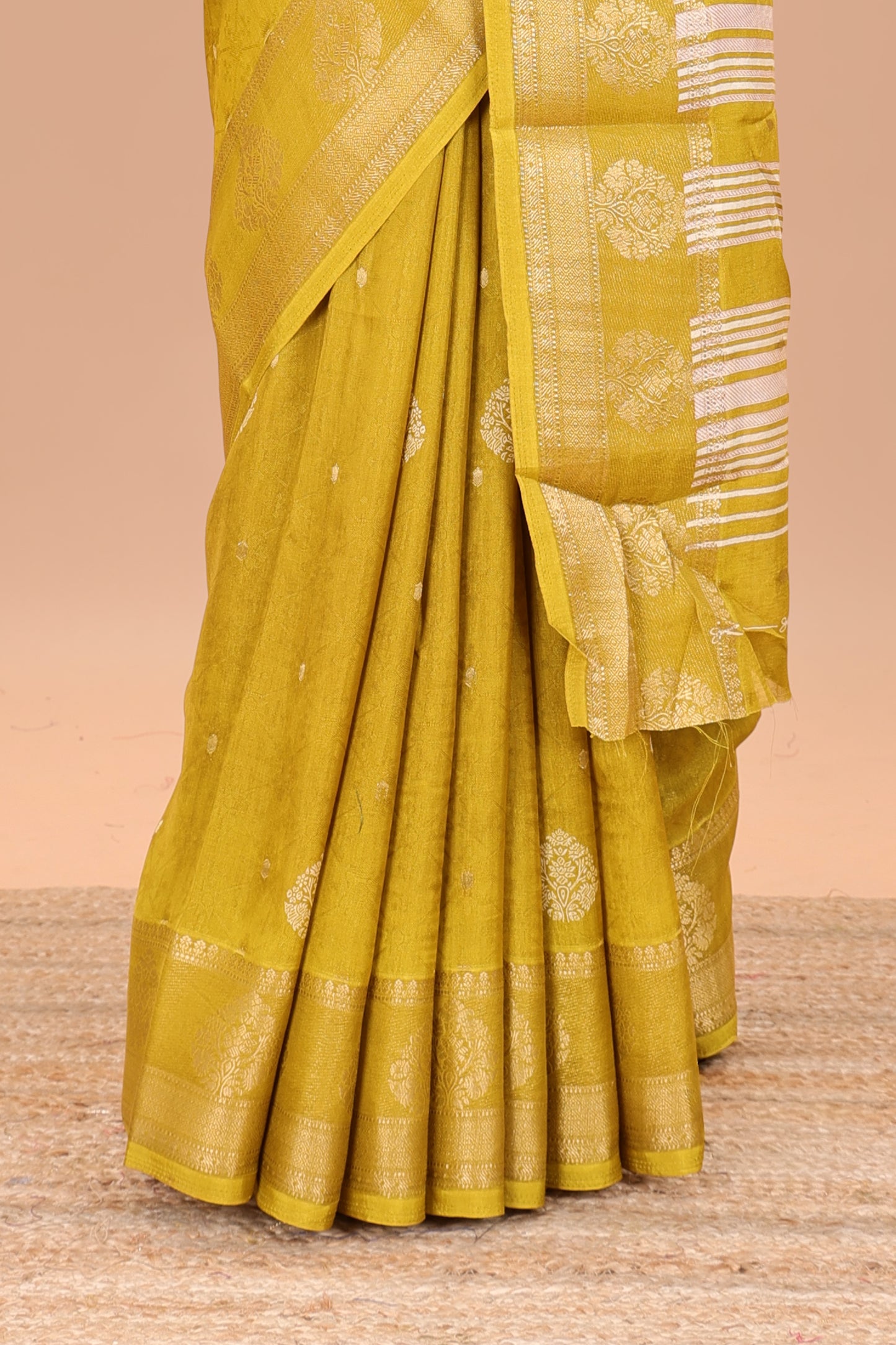 Mustard viscose dola silk self jacquard saree with print and zari butta, bentex zari border
