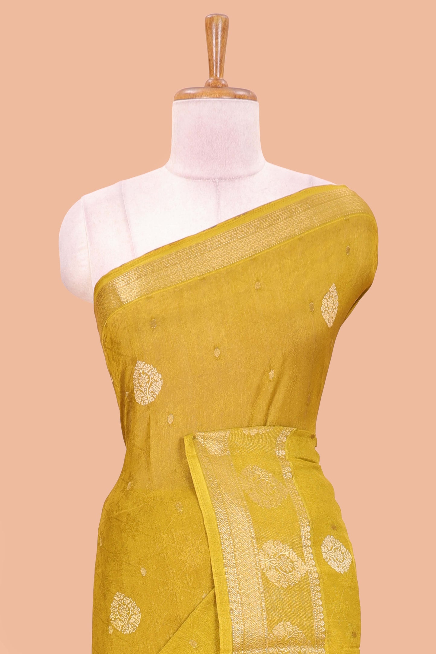 Mustard viscose dola silk self jacquard saree with print and zari butta, bentex zari border