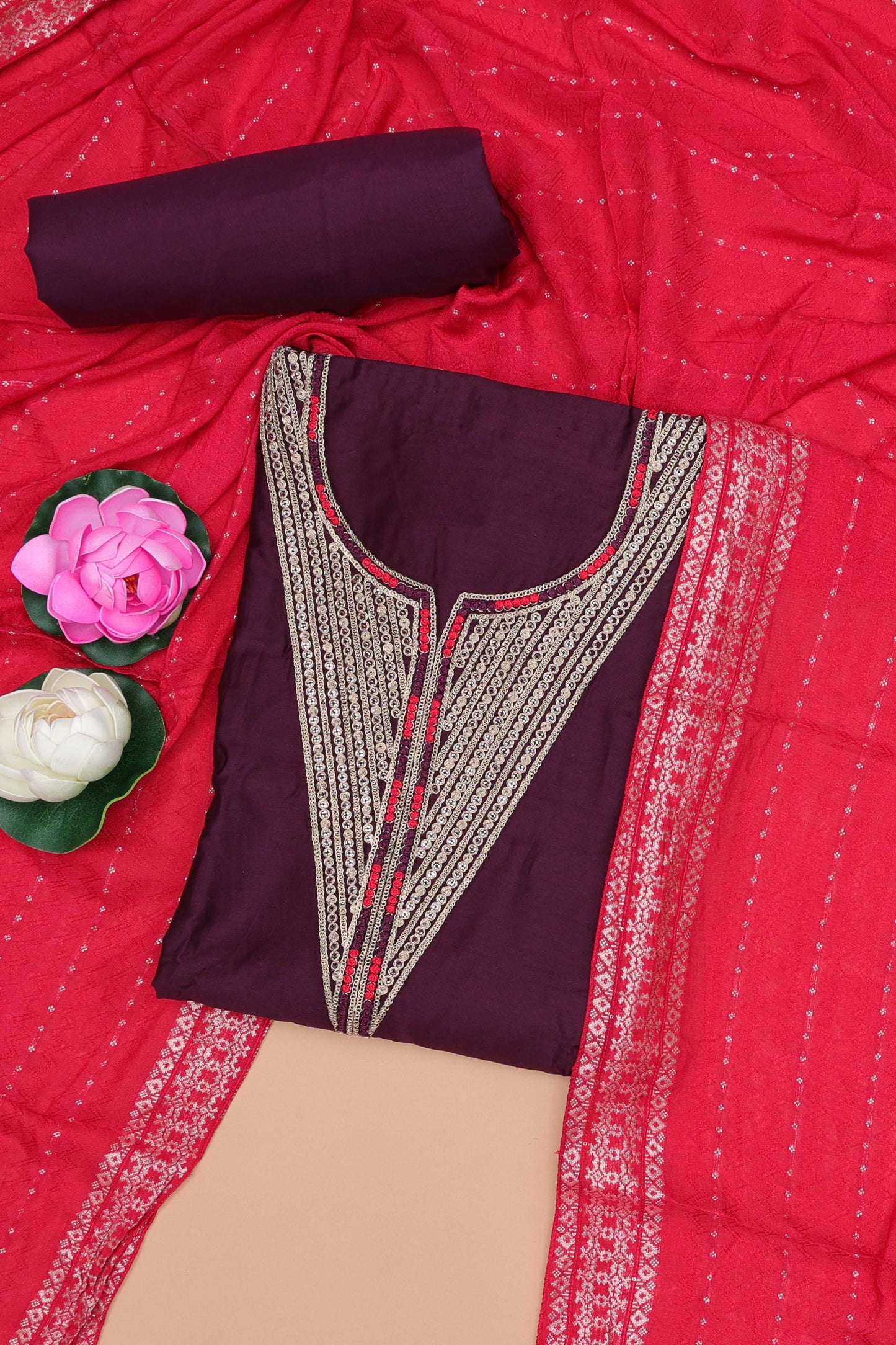 Violet embroidered cotton silk chudidhar material with sequin work and contrast dupatta