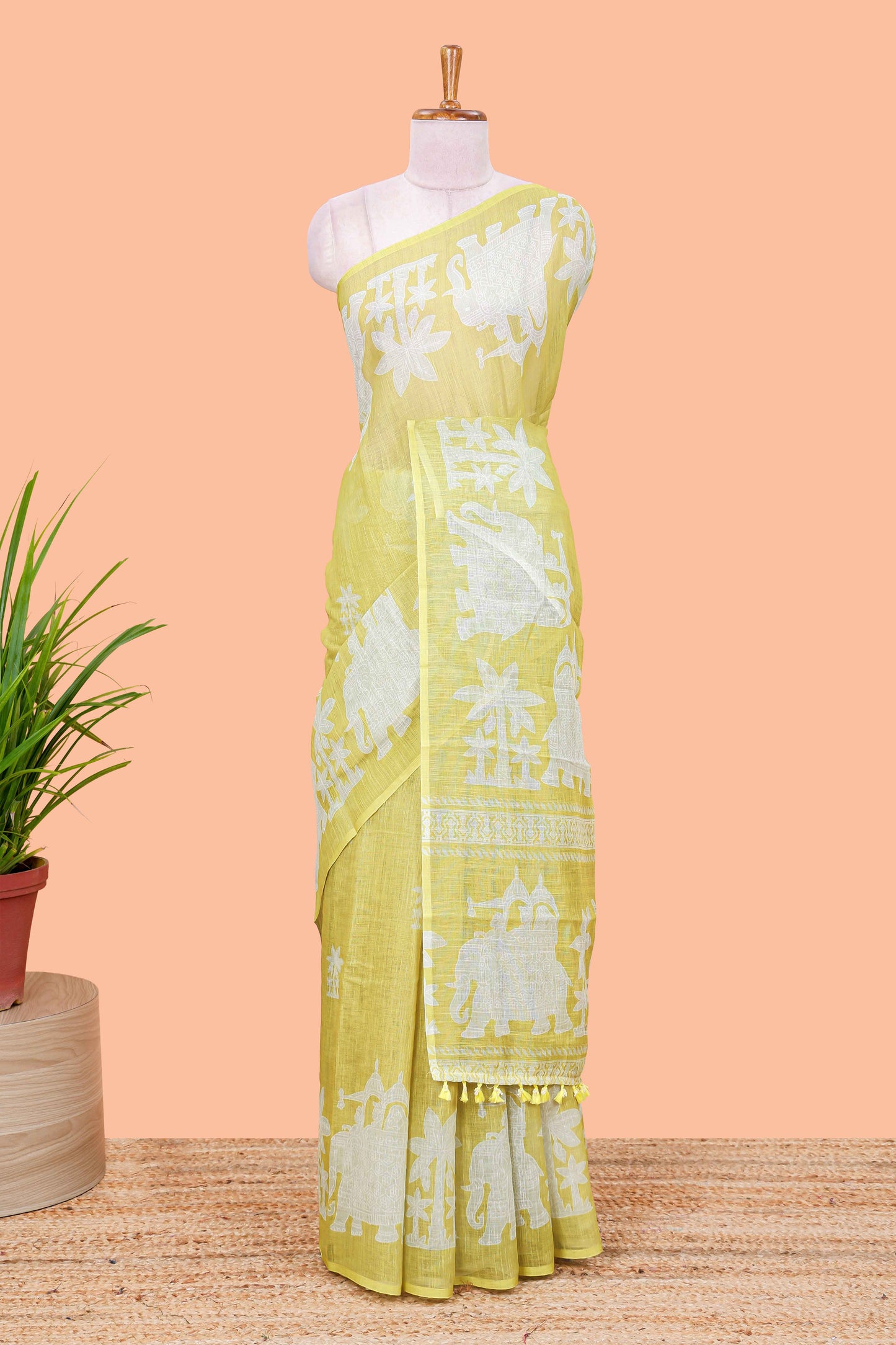 Lemon yellow linen cotton palm tree and elephant print saree with self border and matching printed blouse