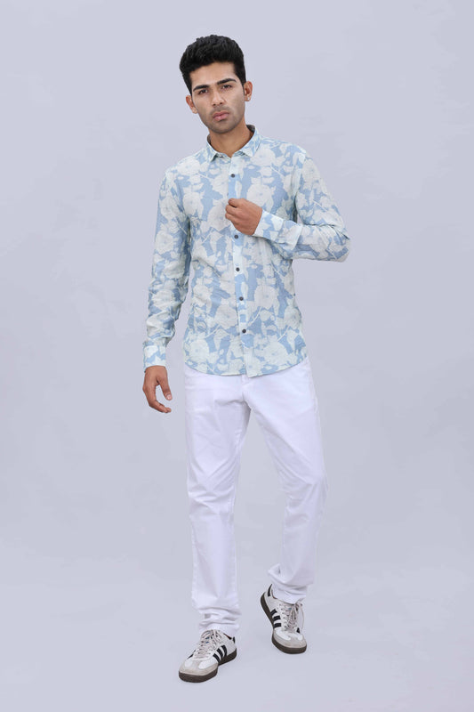 Men’s Slim Fit Casual Shirt in Popcorn Fabric with Fancy Printed Collar