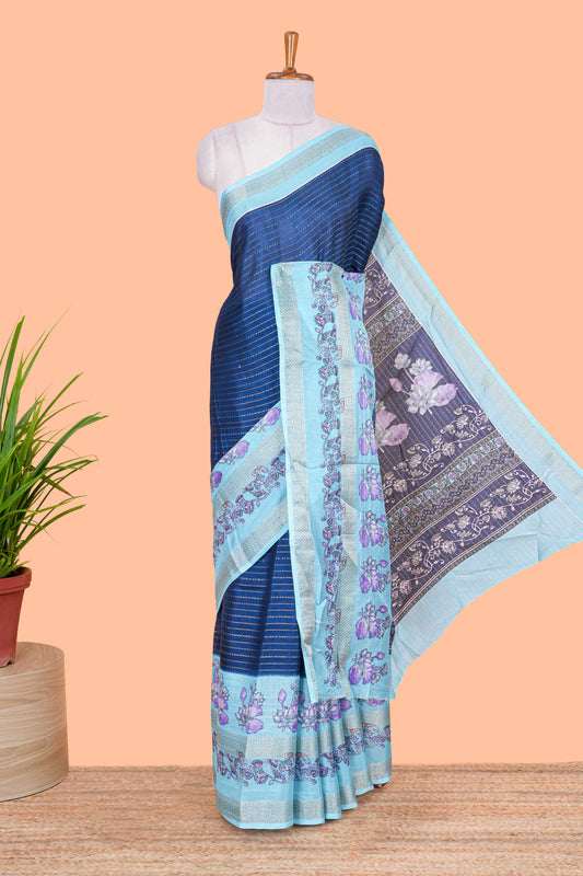 Navy blue zari striped dola silk saree with contrast floral print bentex zari border and printed pallu