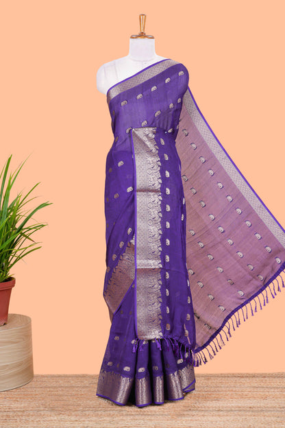 Violet marsh mallow saree with elephant butta and zari border, comes with contrast zari butta blouse