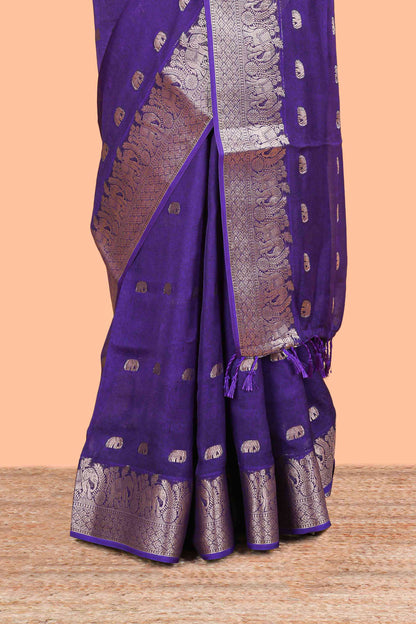 Violet marsh mallow saree with elephant butta and zari border, comes with contrast zari butta blouse