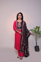 Red floral design 3/4 slevee salwar suit with matching pant and contrast printed dupatta