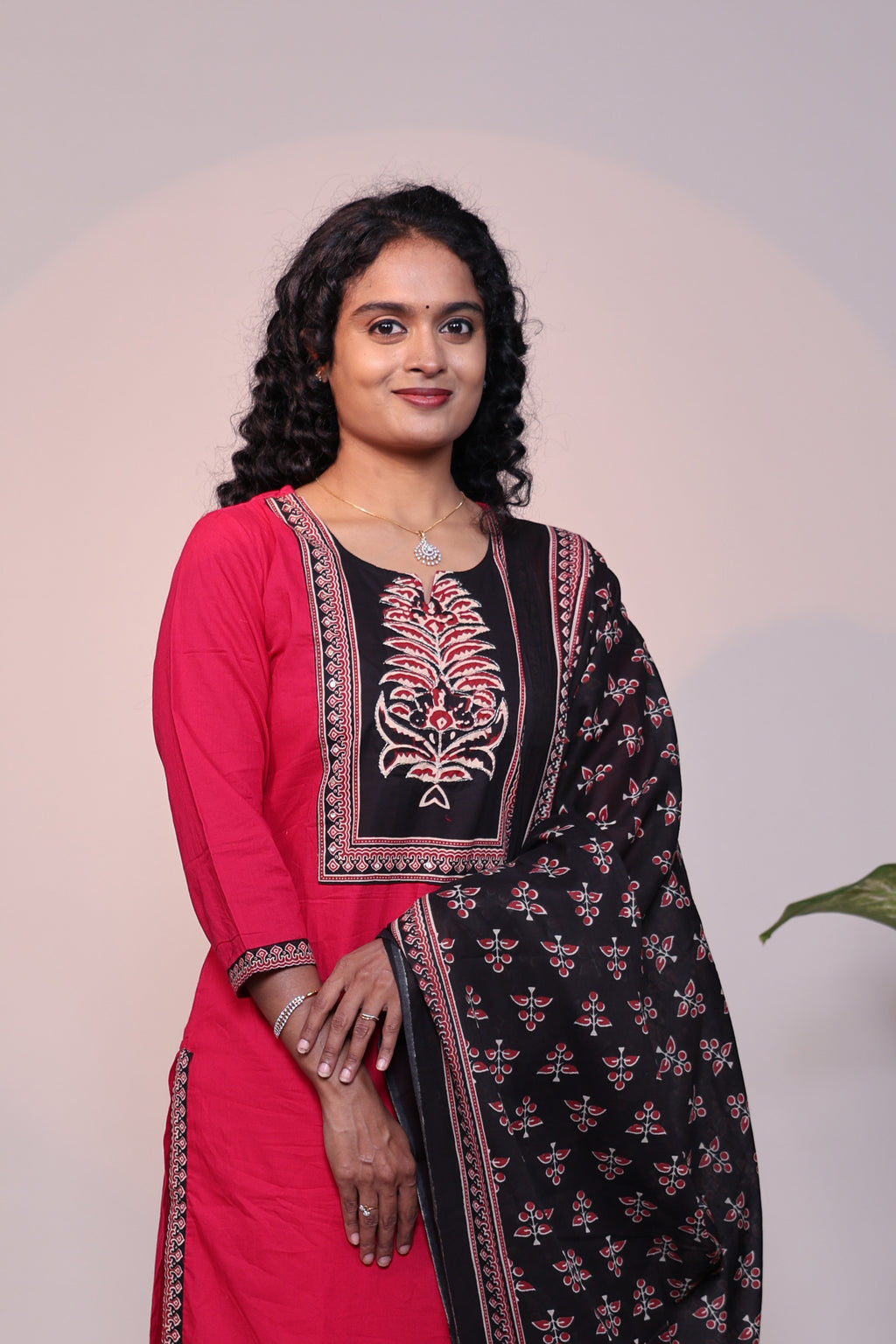 Red floral design 3/4 slevee salwar suit with matching pant and contrast printed dupatta