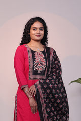 Red floral design 3/4 slevee salwar suit with matching pant and contrast printed dupatta