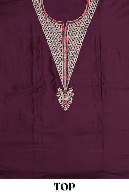 Violet embroidered cotton silk chudidhar material with sequin work and contrast dupatta