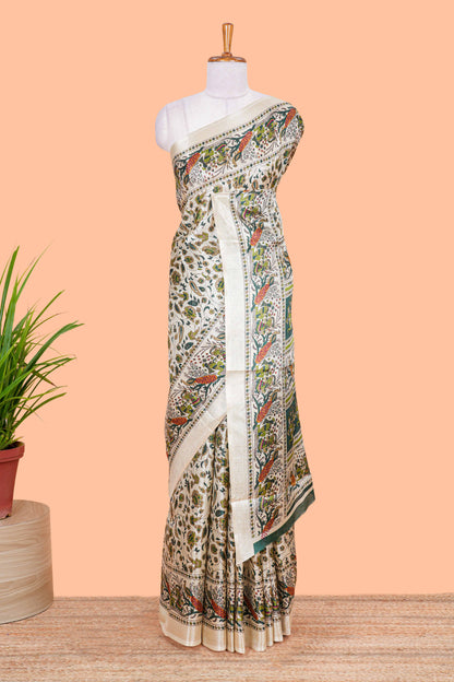 Cream khadi cotton saree with green kalamkari print on body and pallu