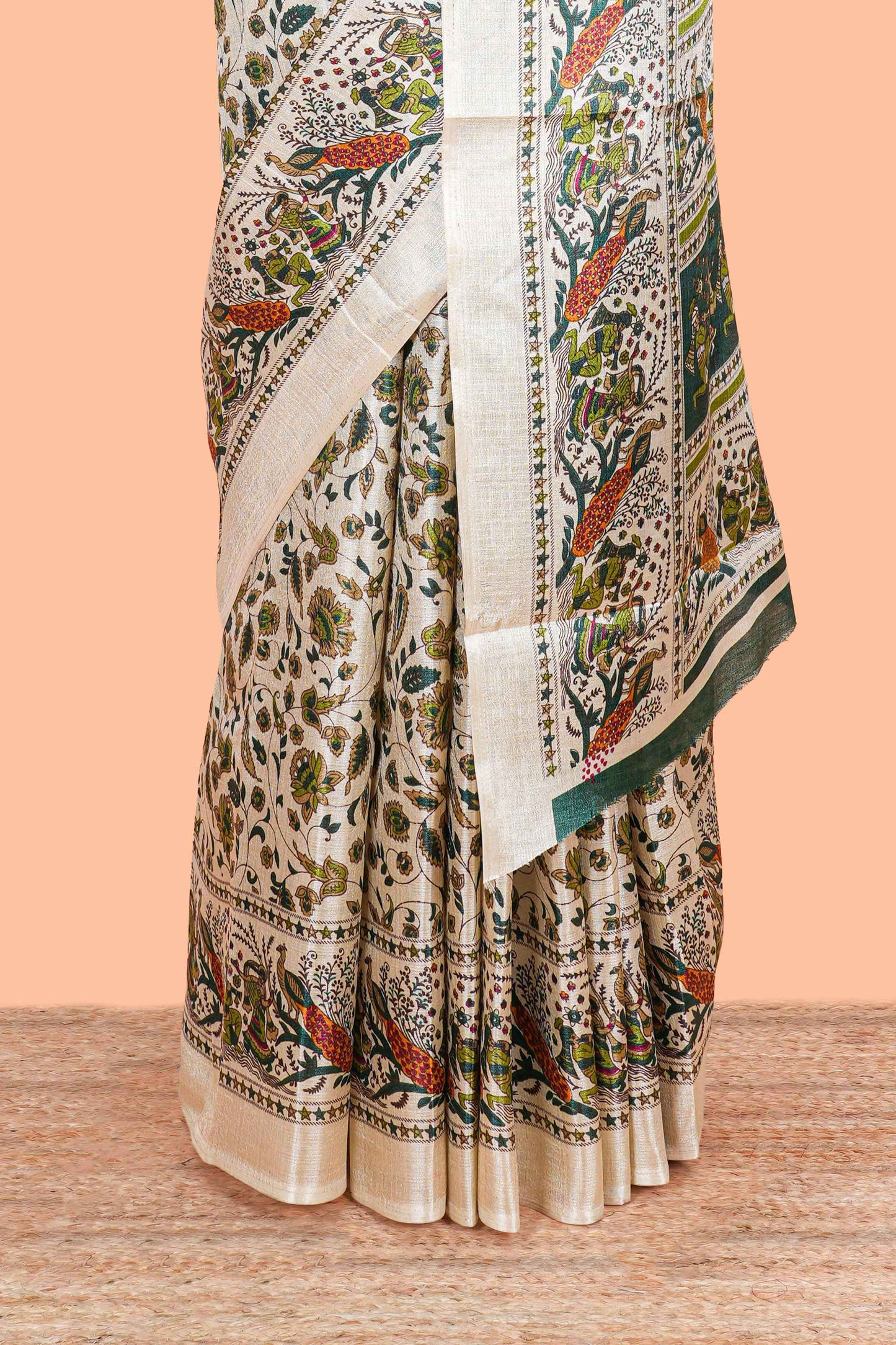 Cream khadi cotton saree with green kalamkari print on body and pallu