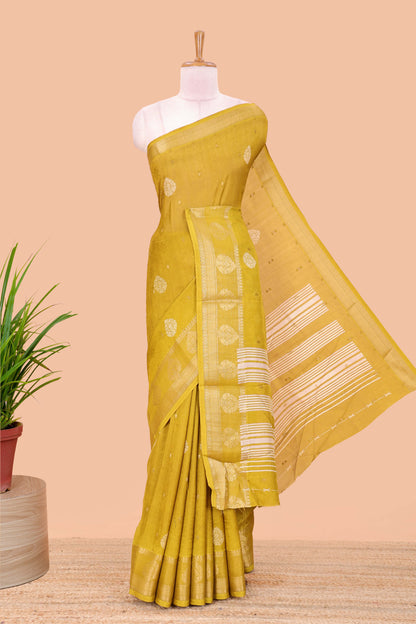 Mustard viscose dola silk self jacquard saree with print and zari butta, bentex zari border