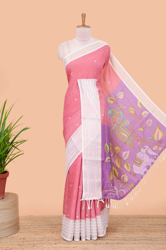 Pink zari striped moss chiffon saree with floral butta, contrast border and pallu